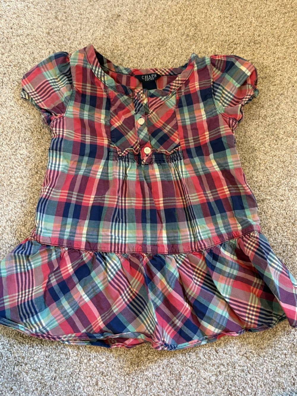 Chaps plaid blouse size 4T red blue puffy sleeves ruffled trim peplum